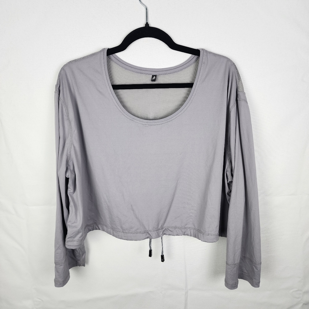 Ptula Womens Grey Mesh Back Cropped Long Sleeve Activewear Top Medium Drawstring